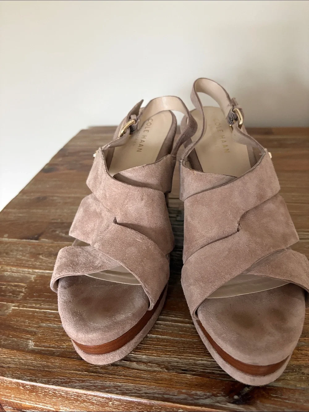 Cole Haan Taupe Suede Crisscross Wedge Sandals